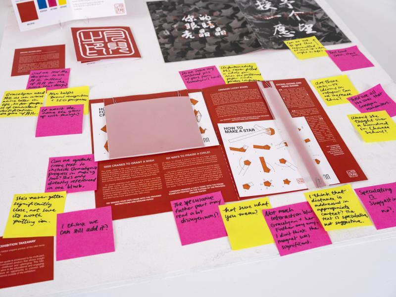 detail image of Post-It notes, pamphlets, and papers on table 