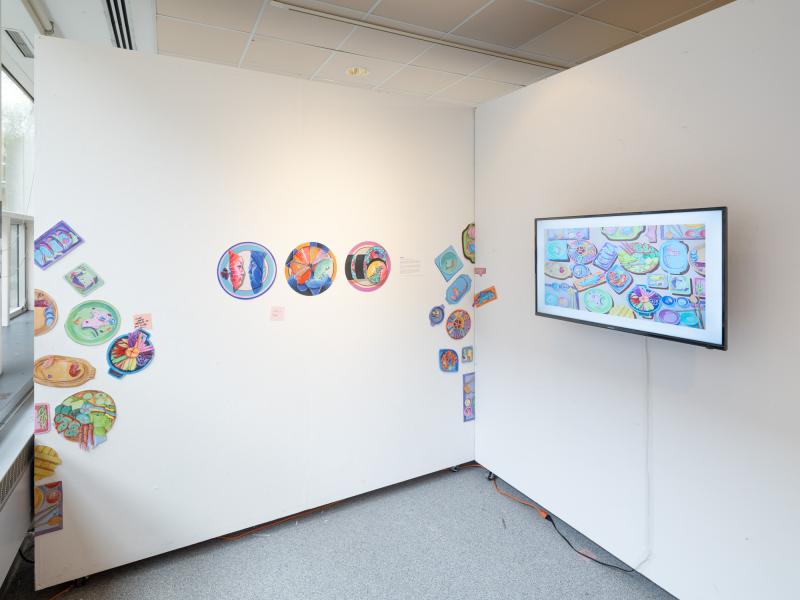 installation displaying an animation on a monitor and mixed media paintings