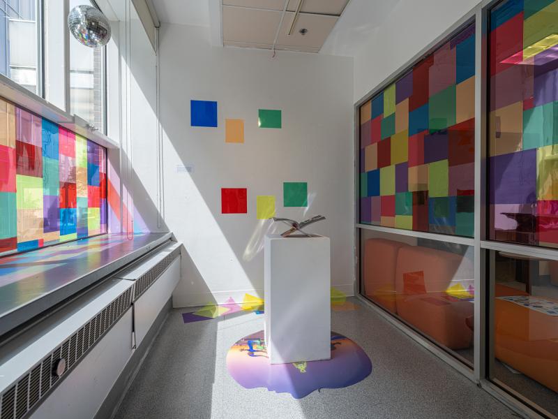 installation of multiple colored gels on the walls and windows in a gallery