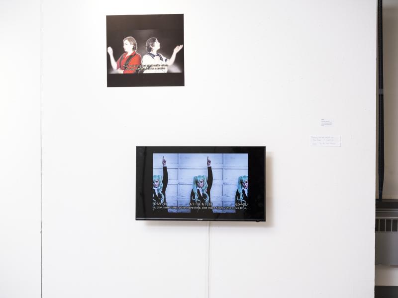 installation using multiple wall mounted video monitors and photographs