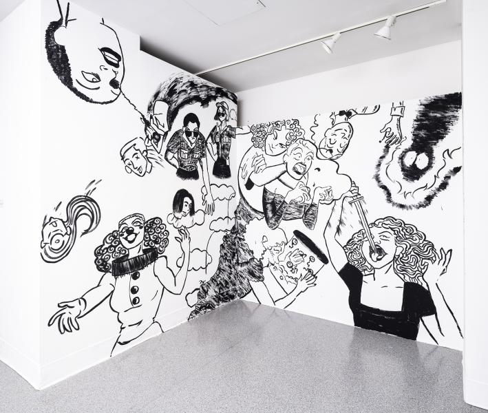 large scale wall drawing in black and white