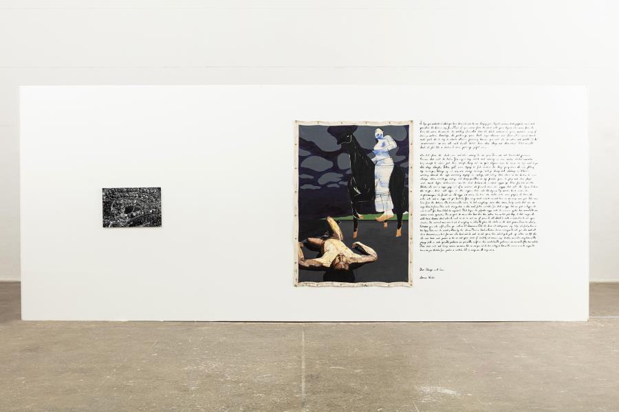 image of black and white aerial photograph on the left and figurative painting and scripted wall text on the right 