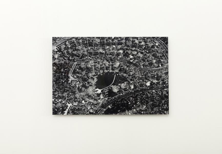 Black and white aerial photograph of suburban neighborhood, printed on aluminum 