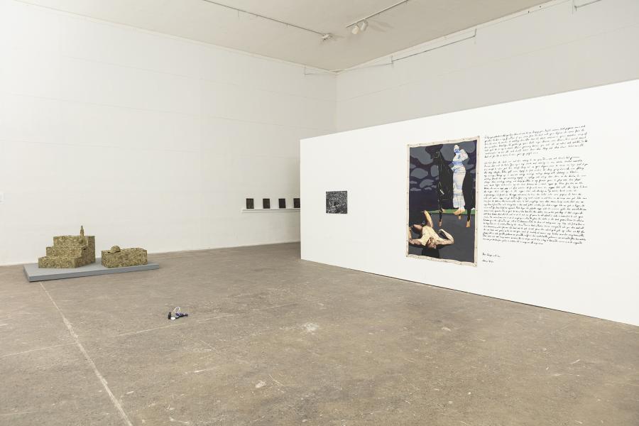 installation image of multiple sculptures, paintings, photography, and ceramics