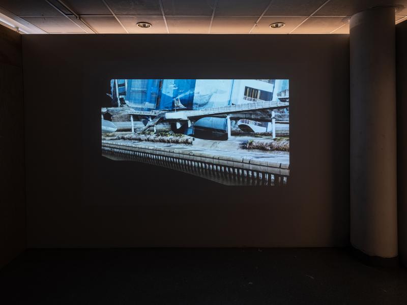 projected video artwork in a darkened gallery space