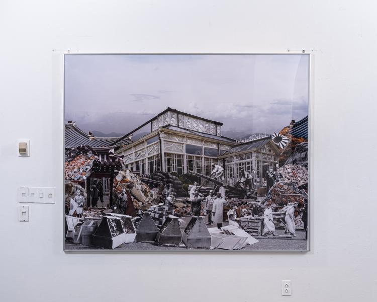 large photographic collage installed on a gallery wall