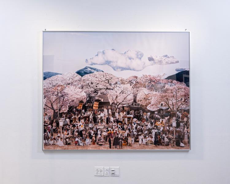 large photographic collage installed on a gallery wall