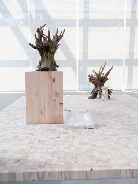 multiple sculptural pieces installed on the gallery floor