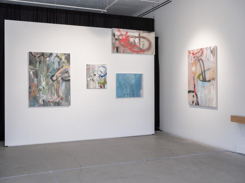 installation image of multiple paintings installed in a gallery 