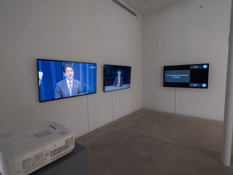 video installation using three monitors installed in a gallery corner