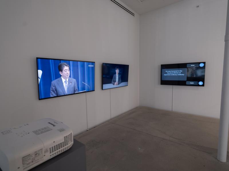 video installation using three monitors installed in a gallery corner