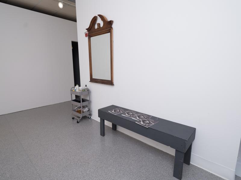 installation image of a mirror installed on a wall, rolling cart, and a bench with books