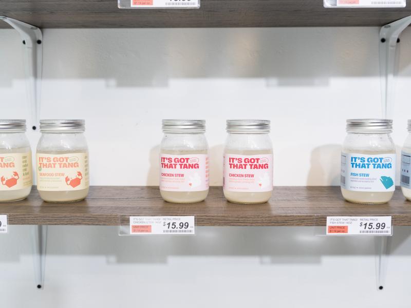 detail of food items displayed on shelves 