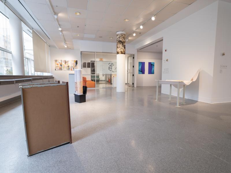installation image with multiple sculptures and photographs