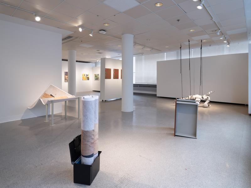 installation image with multiple sculptures and photographs