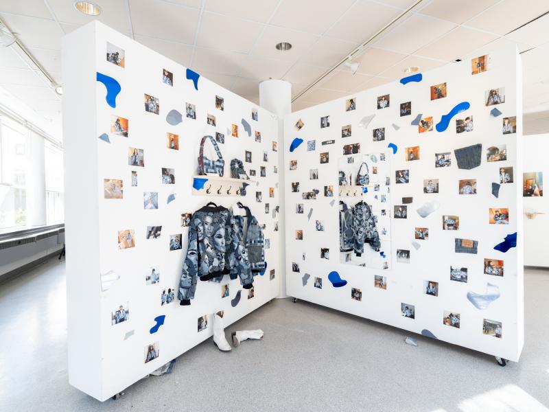multi media installation installed on two walls of a gallery