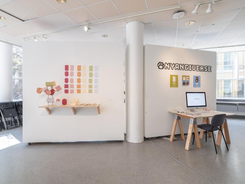 multi media installations installed on two walls of a gallery