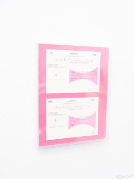 detail image of mixed media invitations installed on a gallery wall