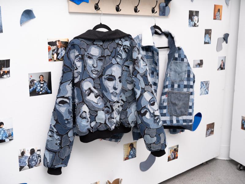 detail image of a multi media installation with denim jackets
