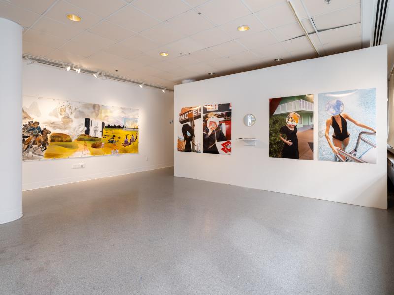 installation image of multiple large scale photographs and a large painting