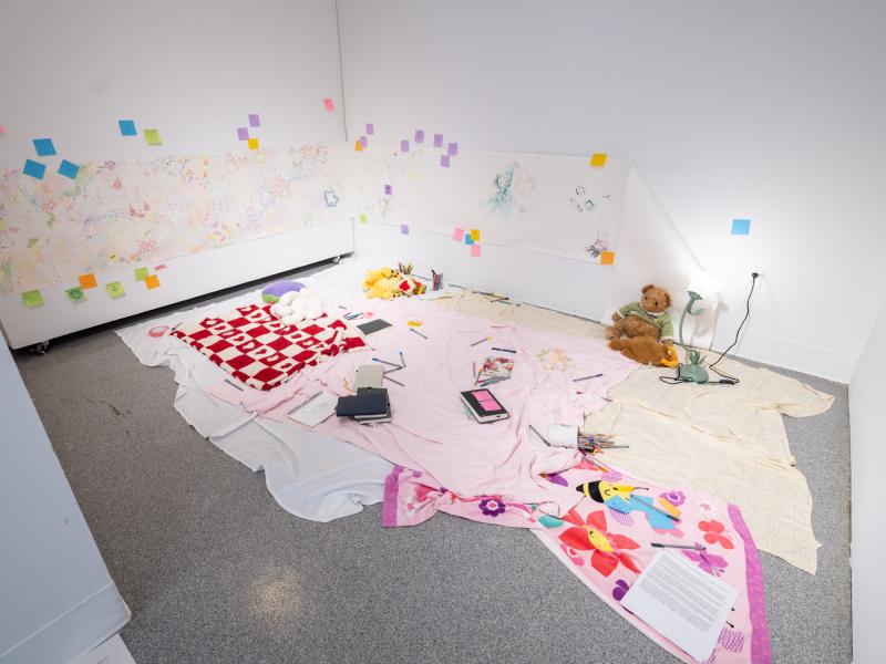 installation image of a mixed media installation on the gallery floor and walls 