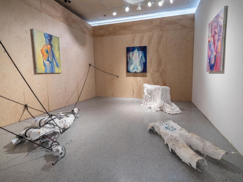 installation image of mixed media floor sculptures and paintings