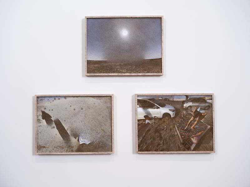installation image of three mixed media framed pieces 