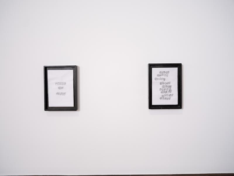 two mixed media framed pieces installed on a gallery wall