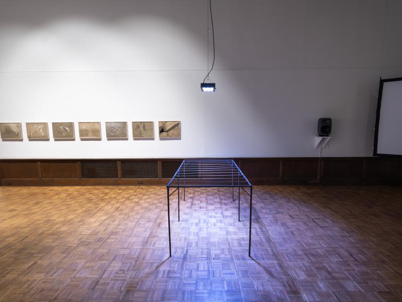 installation image with multiple sculptures, prints, and digital video