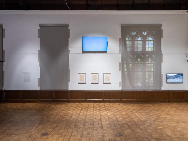 installation image with multiple prints, and digital video