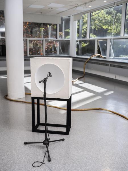 concave plaster sculpture on black stand with stand and microphone 