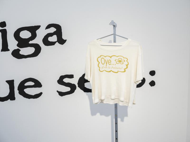 installation displaying painted wall text and printed shirts