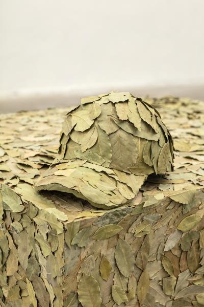 hat covered with bay leaves