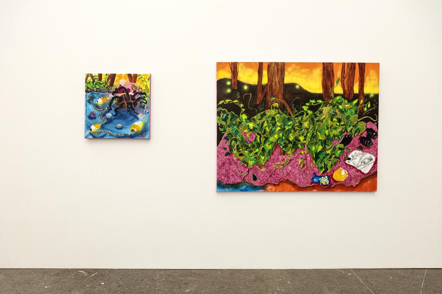 Two paintings, one of plant matter on forest floor the other of buoys floating in pond