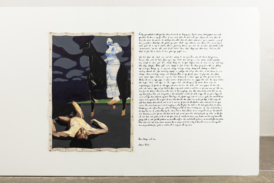image of large figurative painting to the left with hand written scripted text to the right