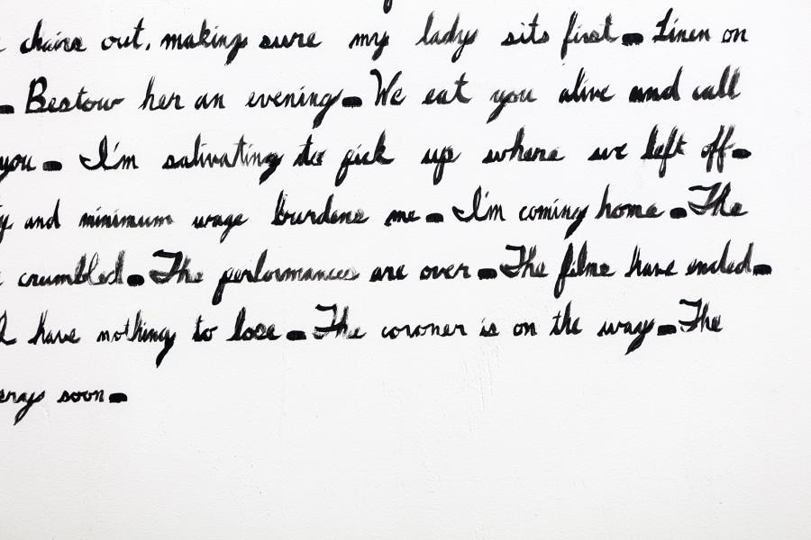 detail image of hand written scripted text on the gallery wall