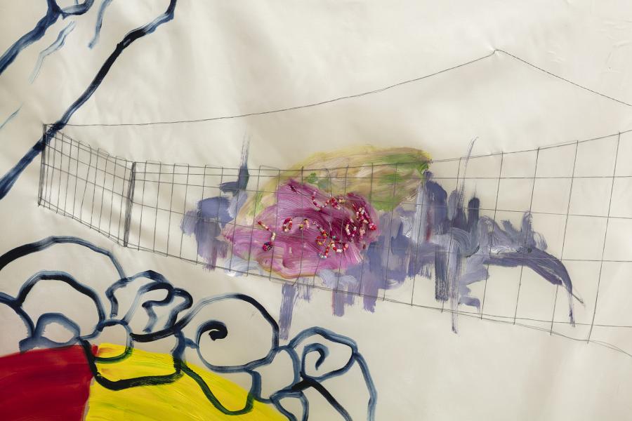 detail image of a painting on silk suspended on a thin cord