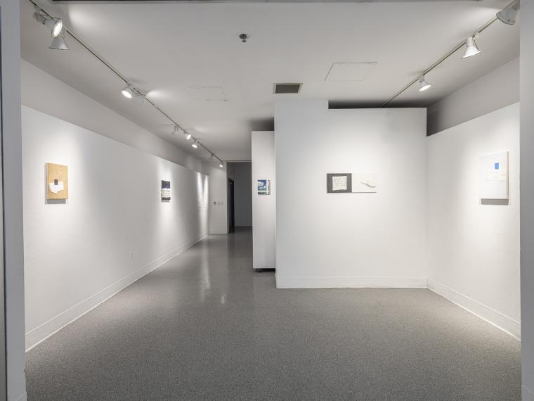 image of multiple small paintings installed on multiple gallery walls