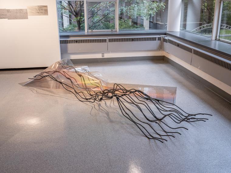 mixed media sculpture installed on a gallery floor