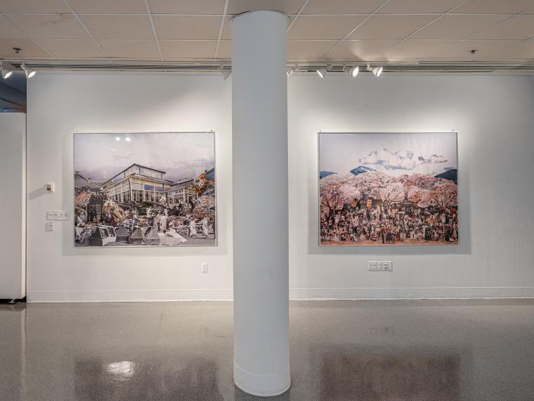 two large photographic collages installed on a gallery wall