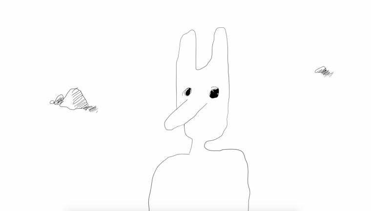 Simple drawn humanoid figure with large nose and ear-like horns