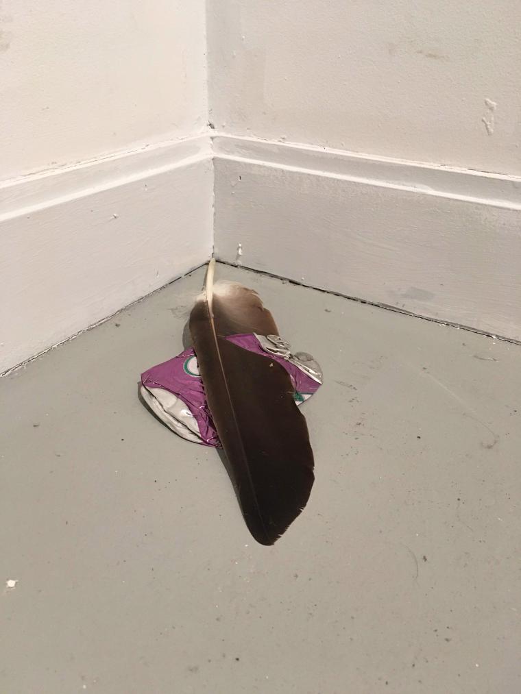 small sculpture placed on the floor combining an aluminum can and a feather