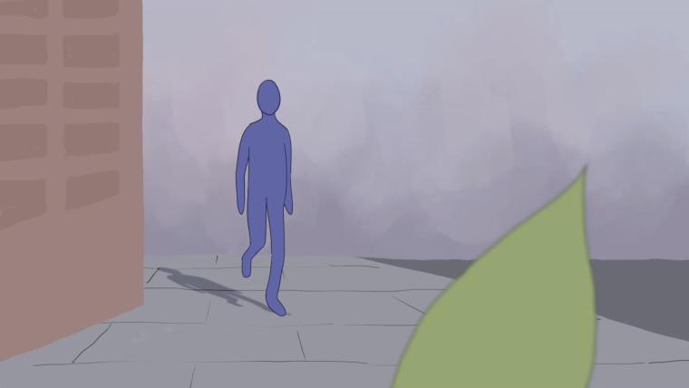 Frame from hand drawn animation featuring purple person walking and leaf in foreground
