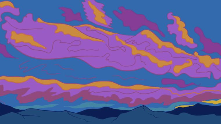 Drawing of orange and purple clouds in a dark blue sky